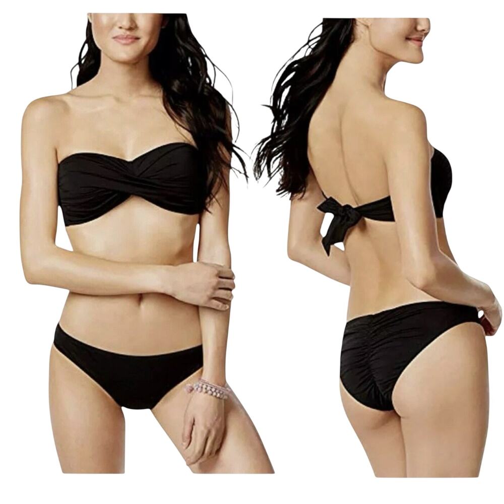 Bar III Black Bandeau Bikini Set XS‎ Twist Front Ruched Back Hipster 2Piece Swim
